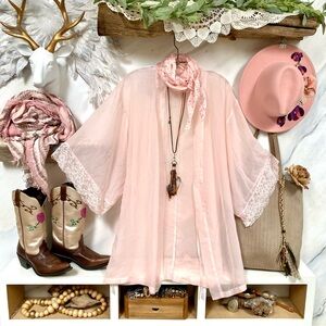 Blush dream semi sheer lace detailing boho robe cover up w shabby chic vibe